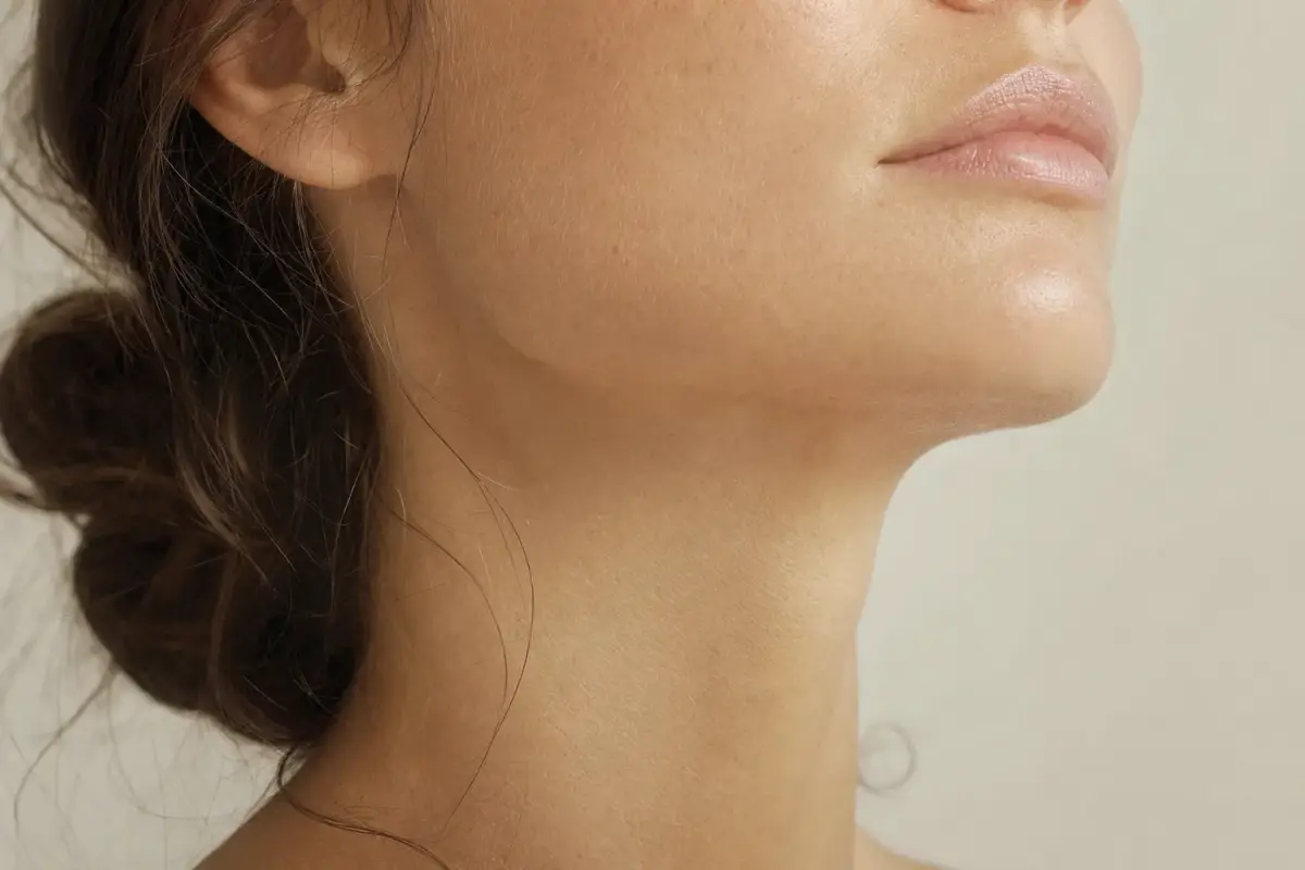 Close-up of the jaw and chin of a woman in her thirties