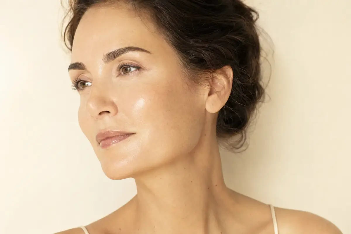 Woman in her forties with firm smooth skin on the cheek and jaw