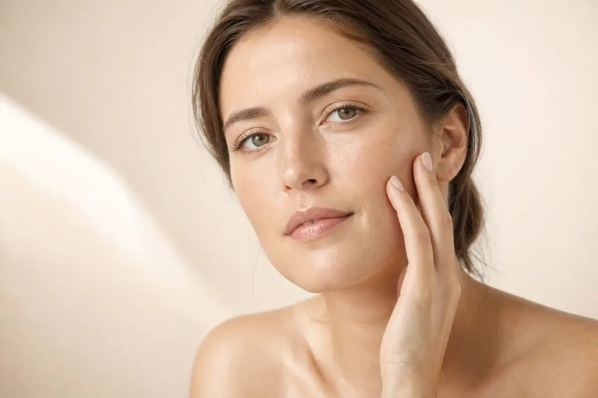 Woman in her thirties gently touching her cheek