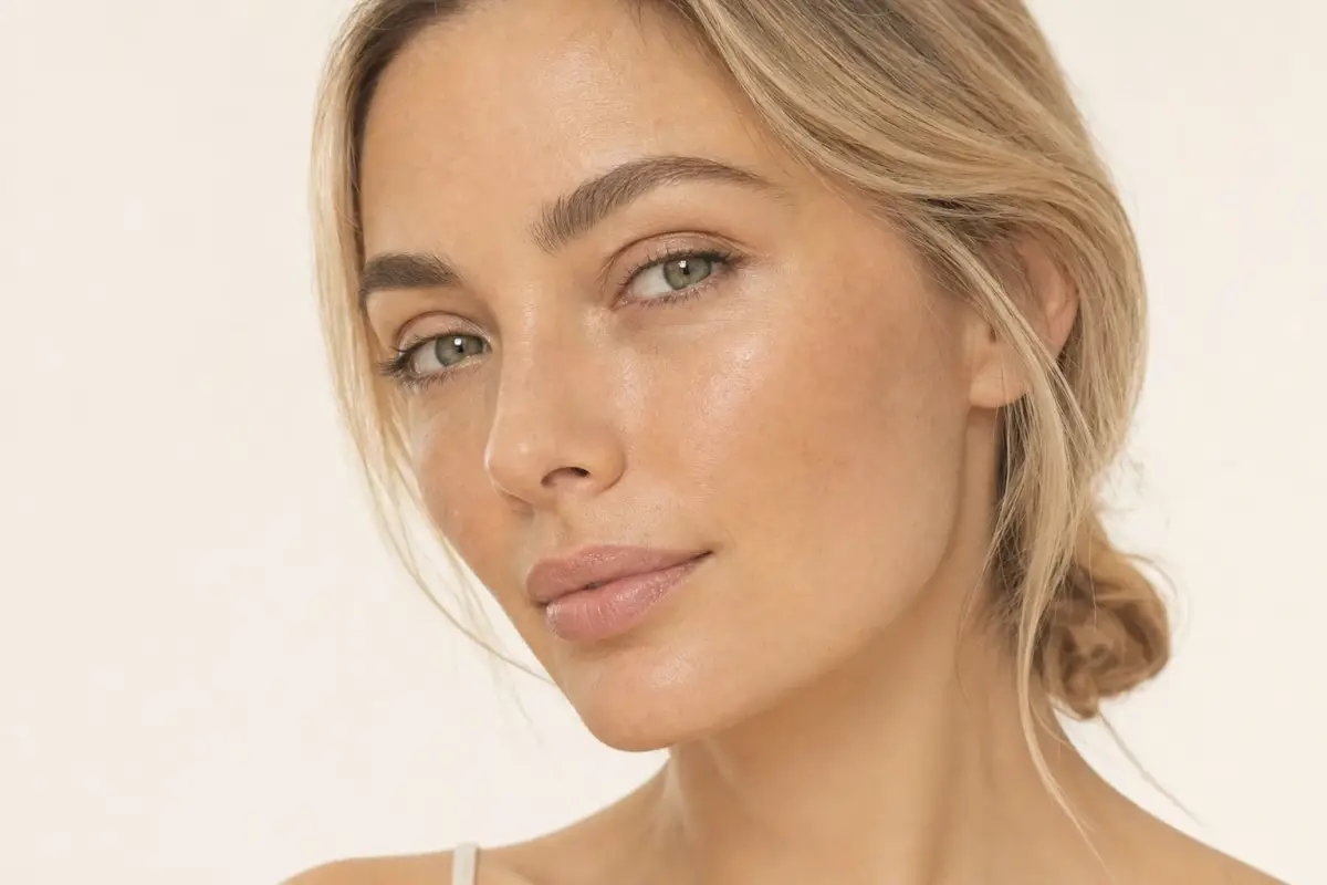 Close-up portrait of a woman in her thirties with a relaxed smooth forehead and natural lips