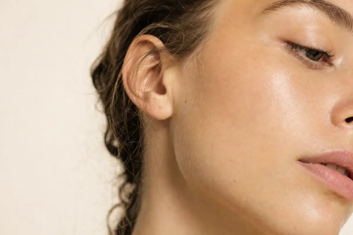 Close-up of clear smooth skin on the cheek of a young woman in her twenties