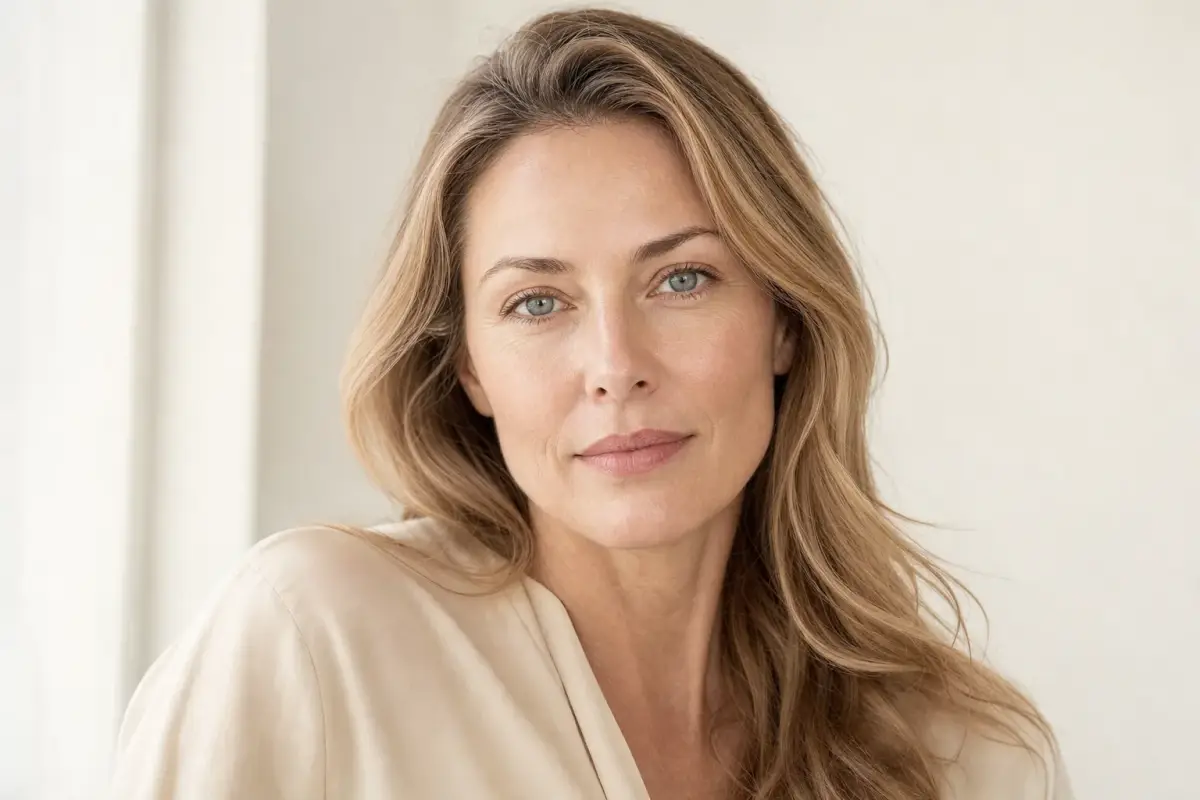Woman in her forties looking directly at the camera with calm confidence