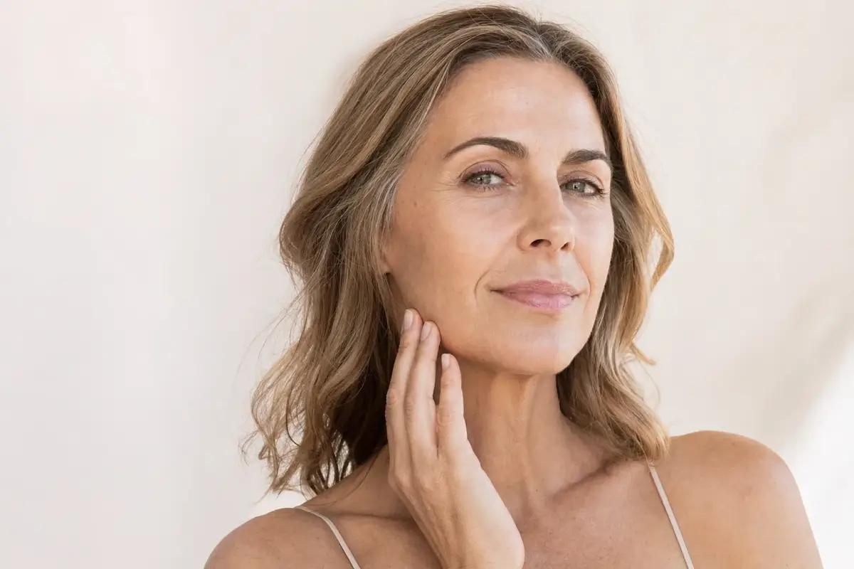 Woman in her fifties with firm skin touching her jawline lightly