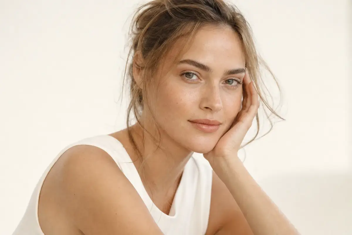 Young woman in her early thirties with relaxed calm expression