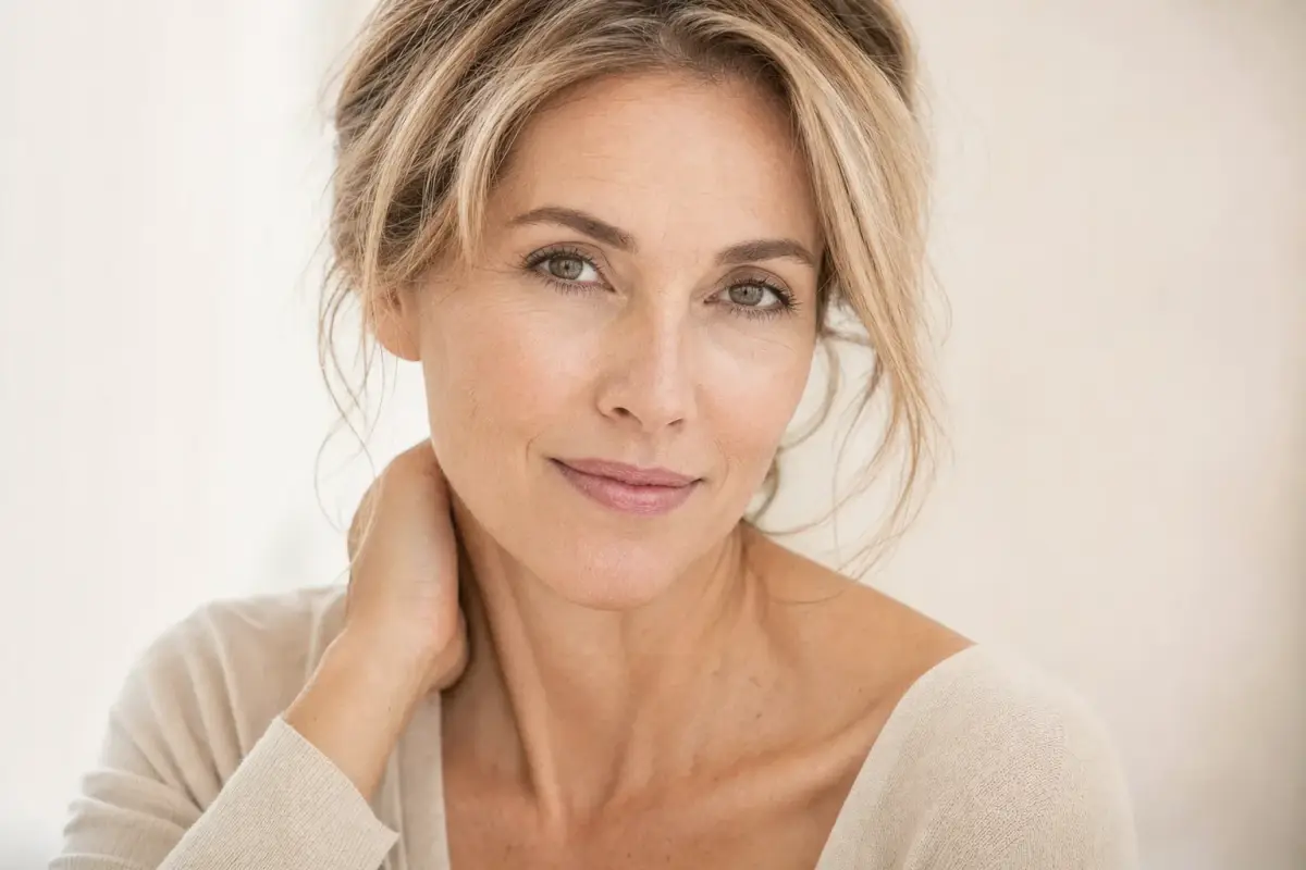 Woman in her late forties with soft natural features and a subtle refreshed look