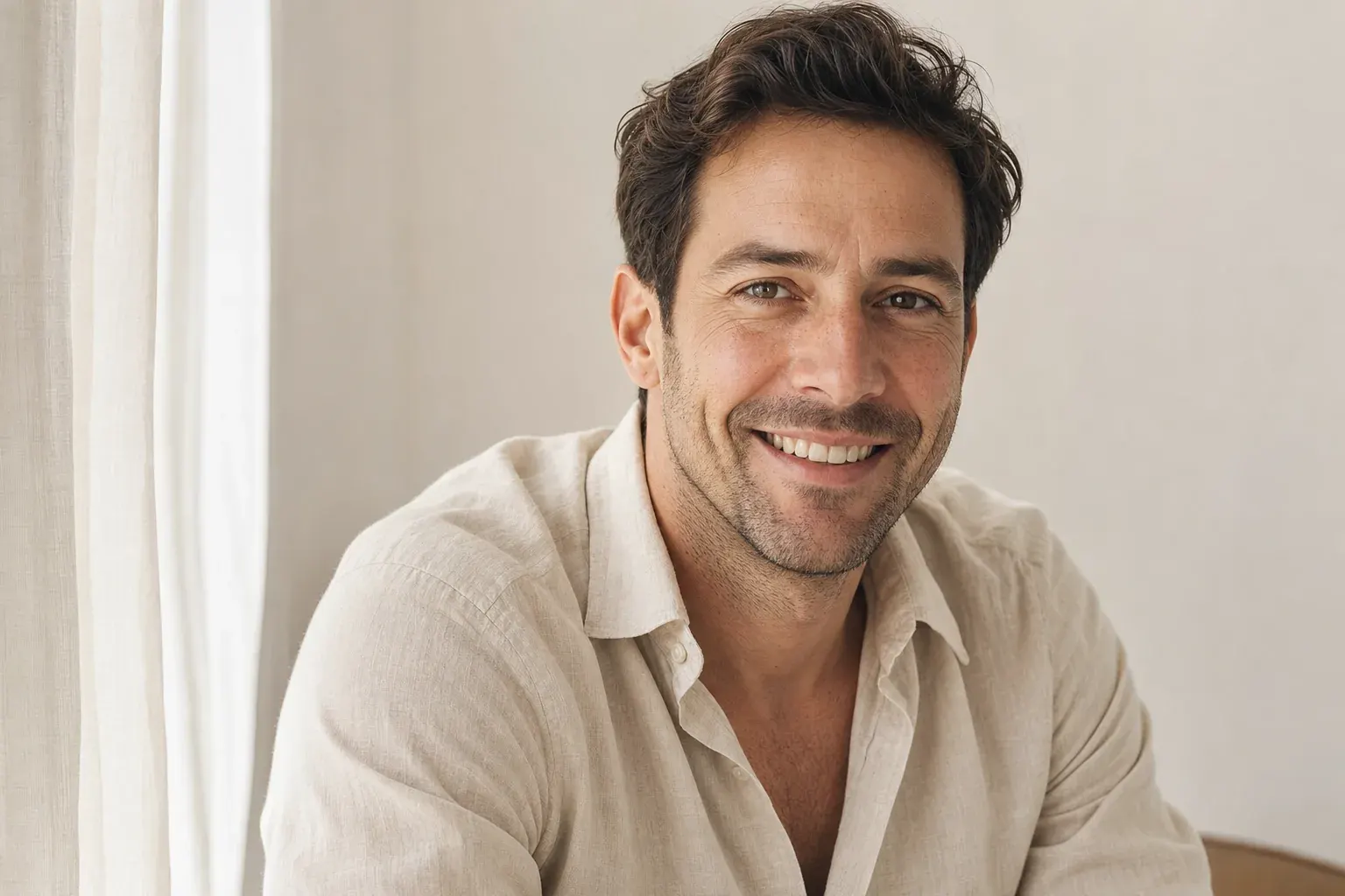 Portrait of a smiling man in his late thirties in a light linen shirt