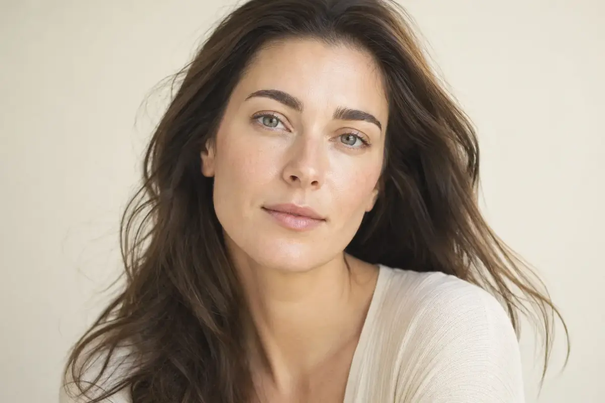 Woman in her thirties looking at the camera with a relaxed brow and soft natural expression