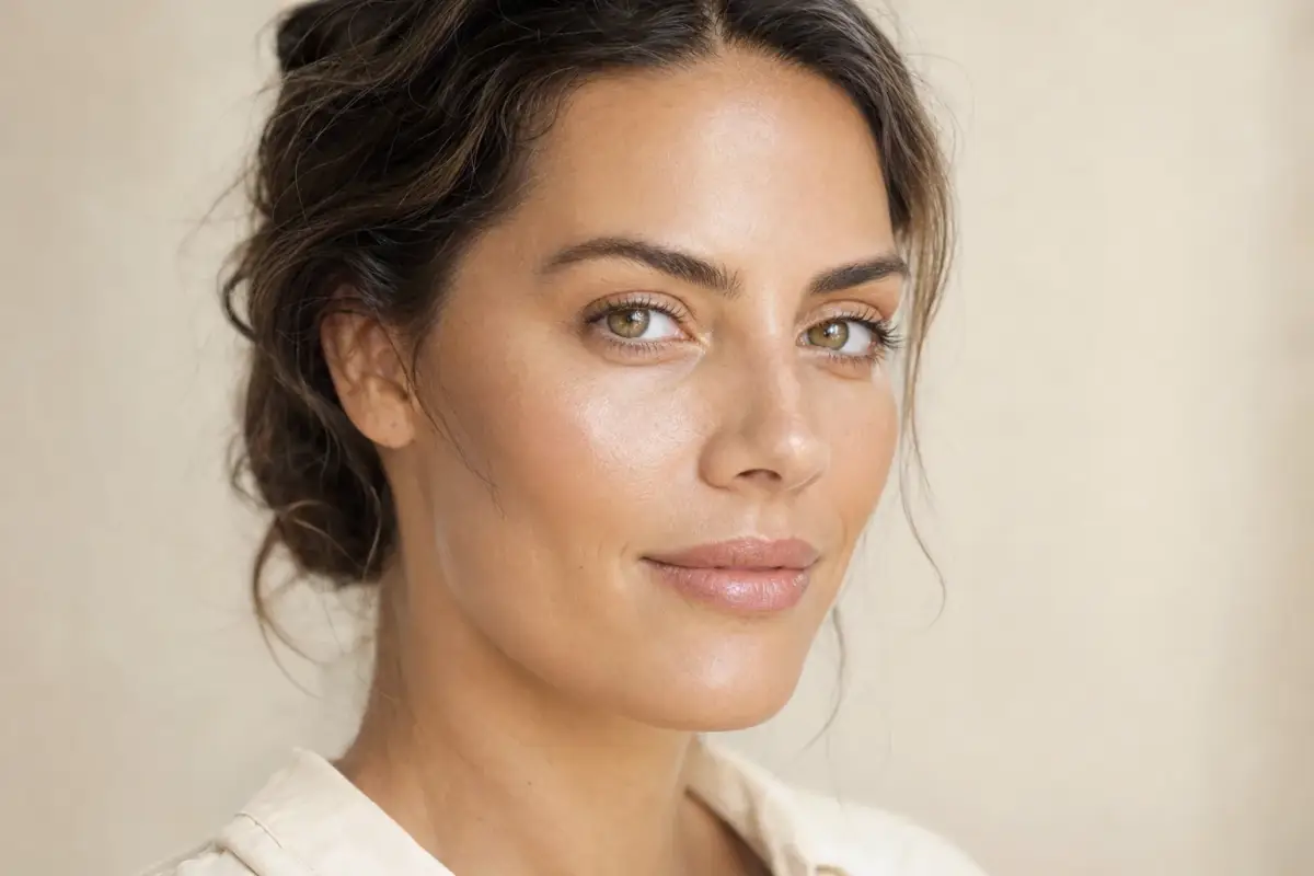 Close portrait of a woman in her thirties with balanced natural features and luminous skin