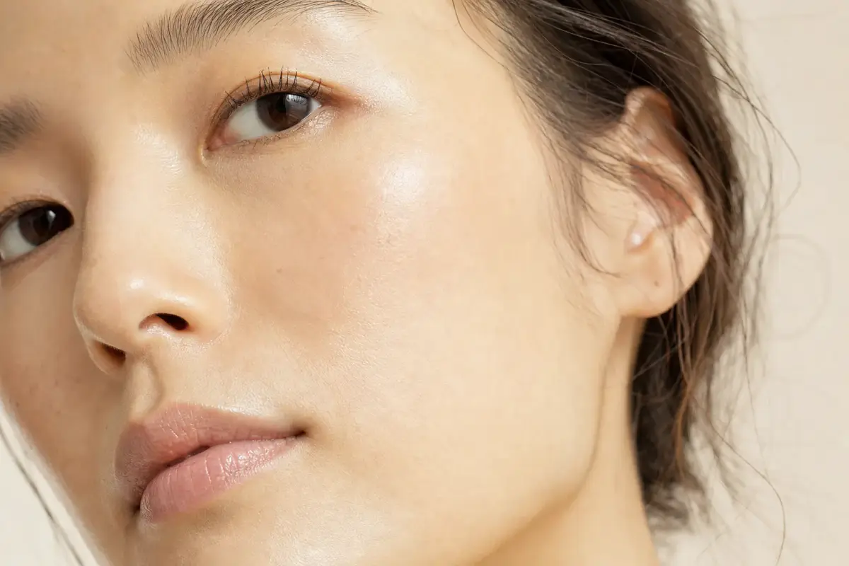 Close-up of radiant glowing cheek and eye of a woman in her thirties with East Asian features