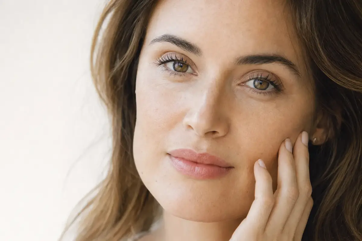 Close-up of a woman in her thirties touching her cheek