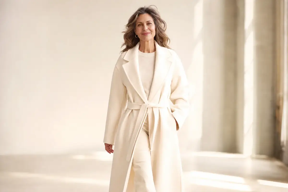 Woman in her forties walking toward camera with a confident smile