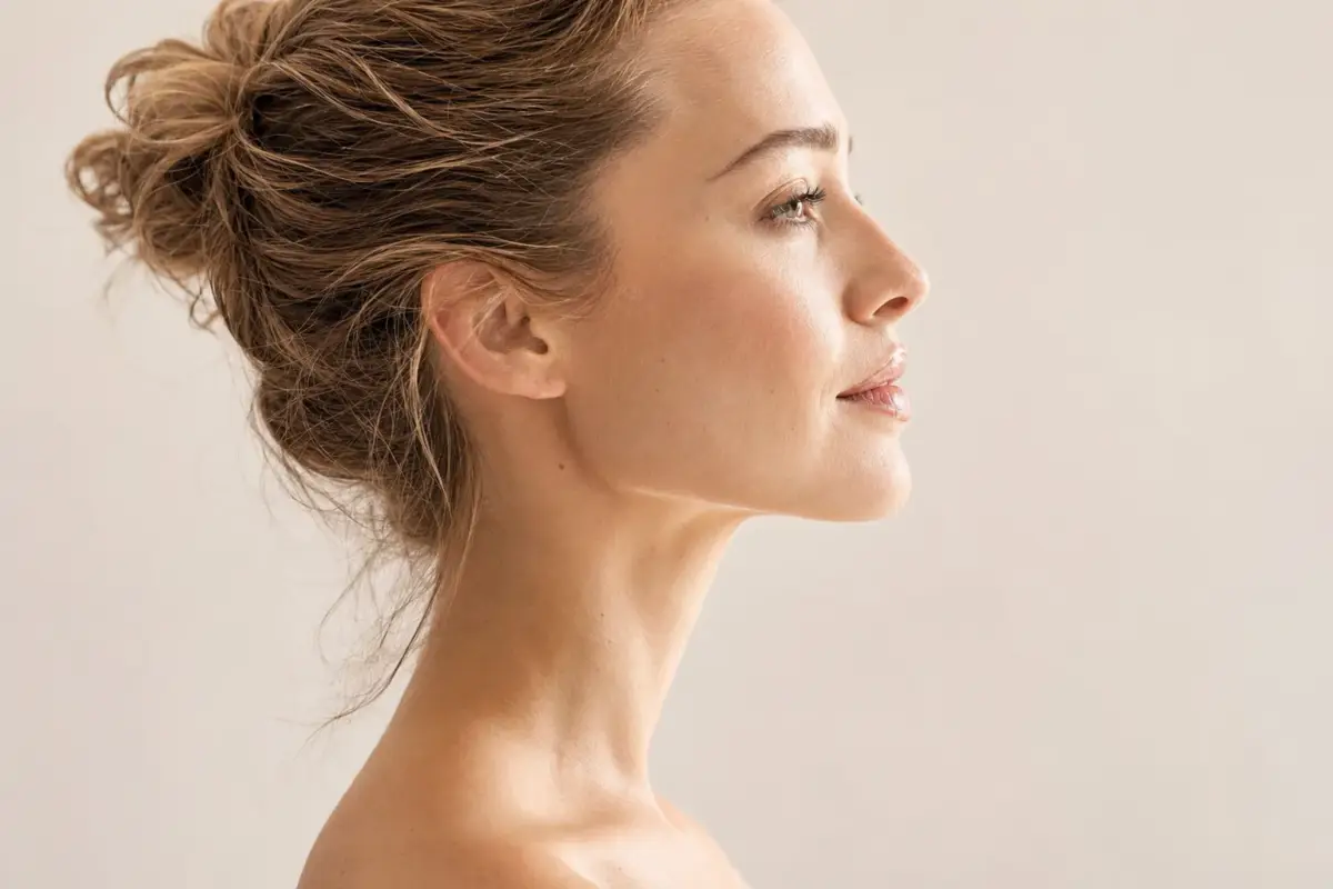 Side profile of a woman in her thirties with a crisp chin and neck angle