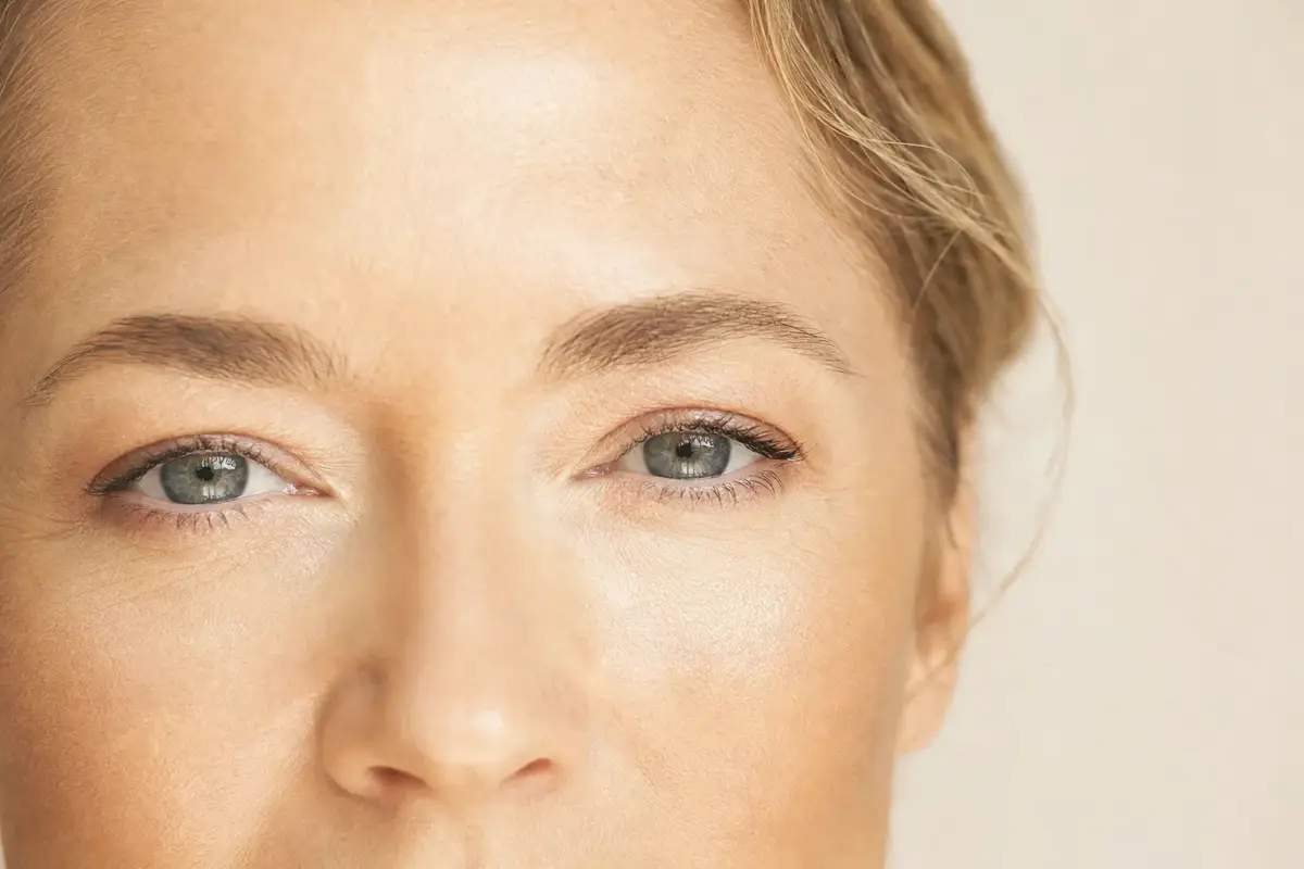 Close-up of the eye area of a woman in her forties