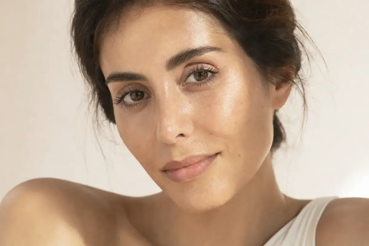 Close-up of a woman in her thirties with Mediterranean skin and a clear even tone