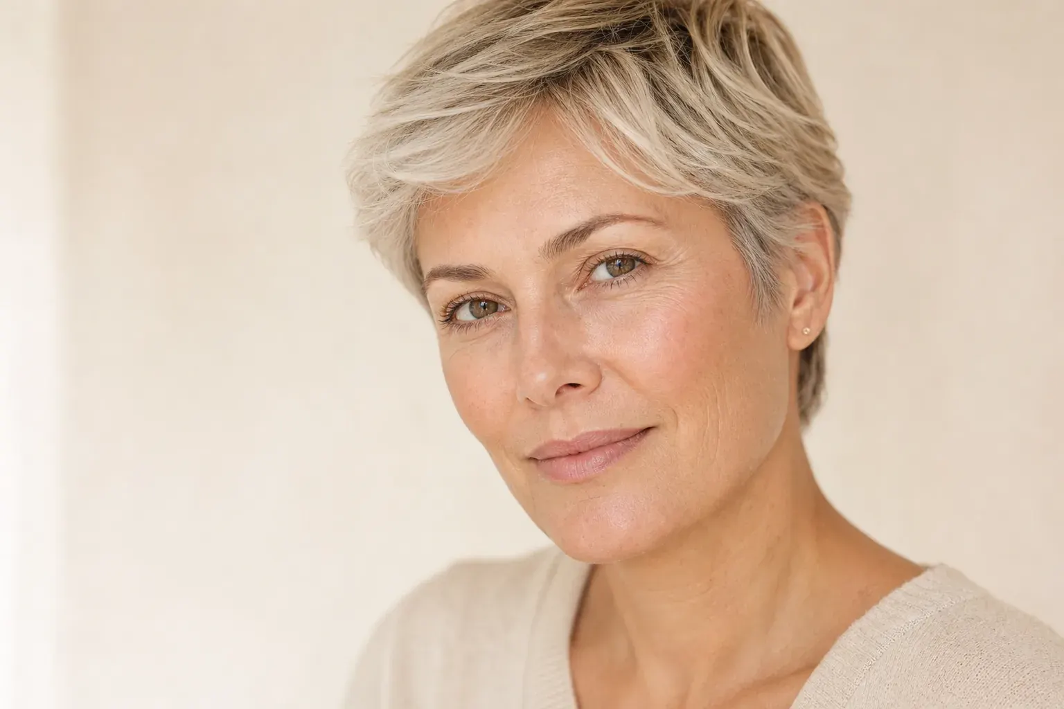 Close three-quarter portrait of a woman in her fifties with a crisp defined jawline