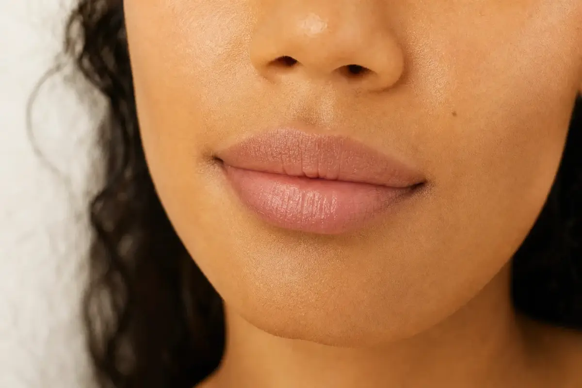Extreme close-up of naturally full soft lips of a woman with warm brown skin