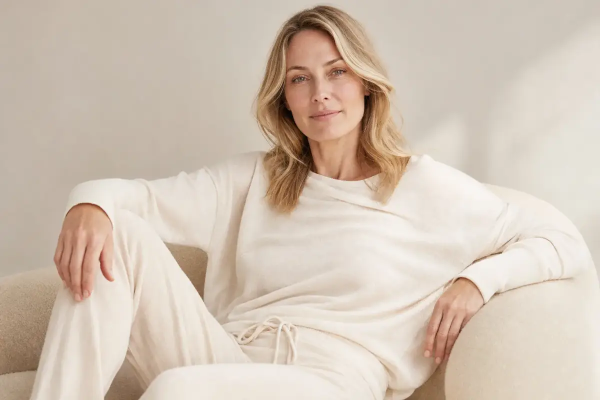 Woman relaxing in soft cream loungewear