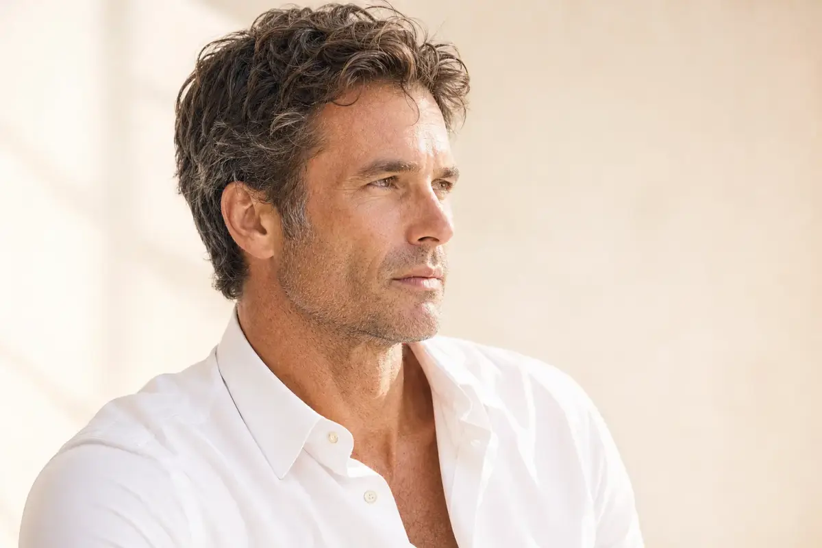 Handsome man in his late forties with a strong jawline and light stubble