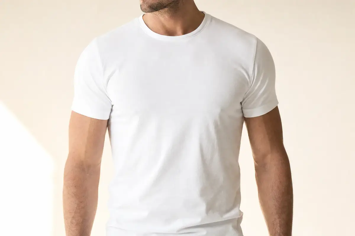 Athletic man in his thirties in a fitted plain white t-shirt