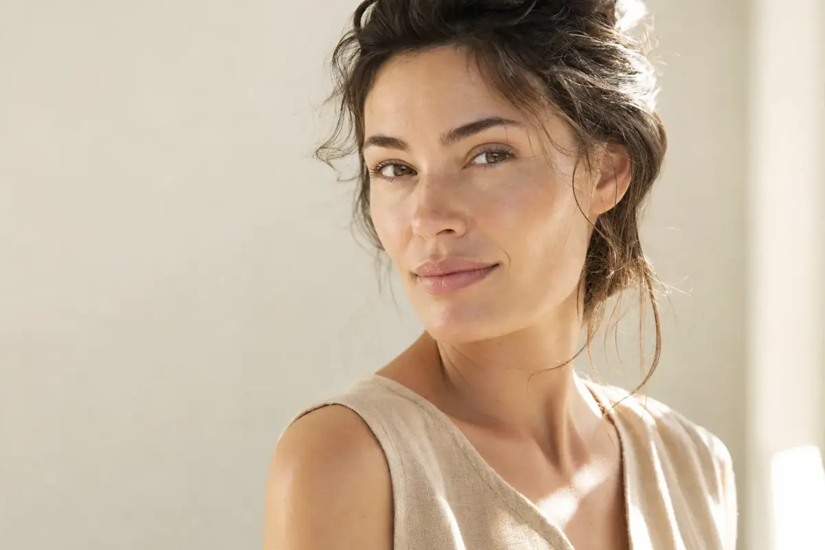 Woman in her thirties in summer light with bright healthy skin