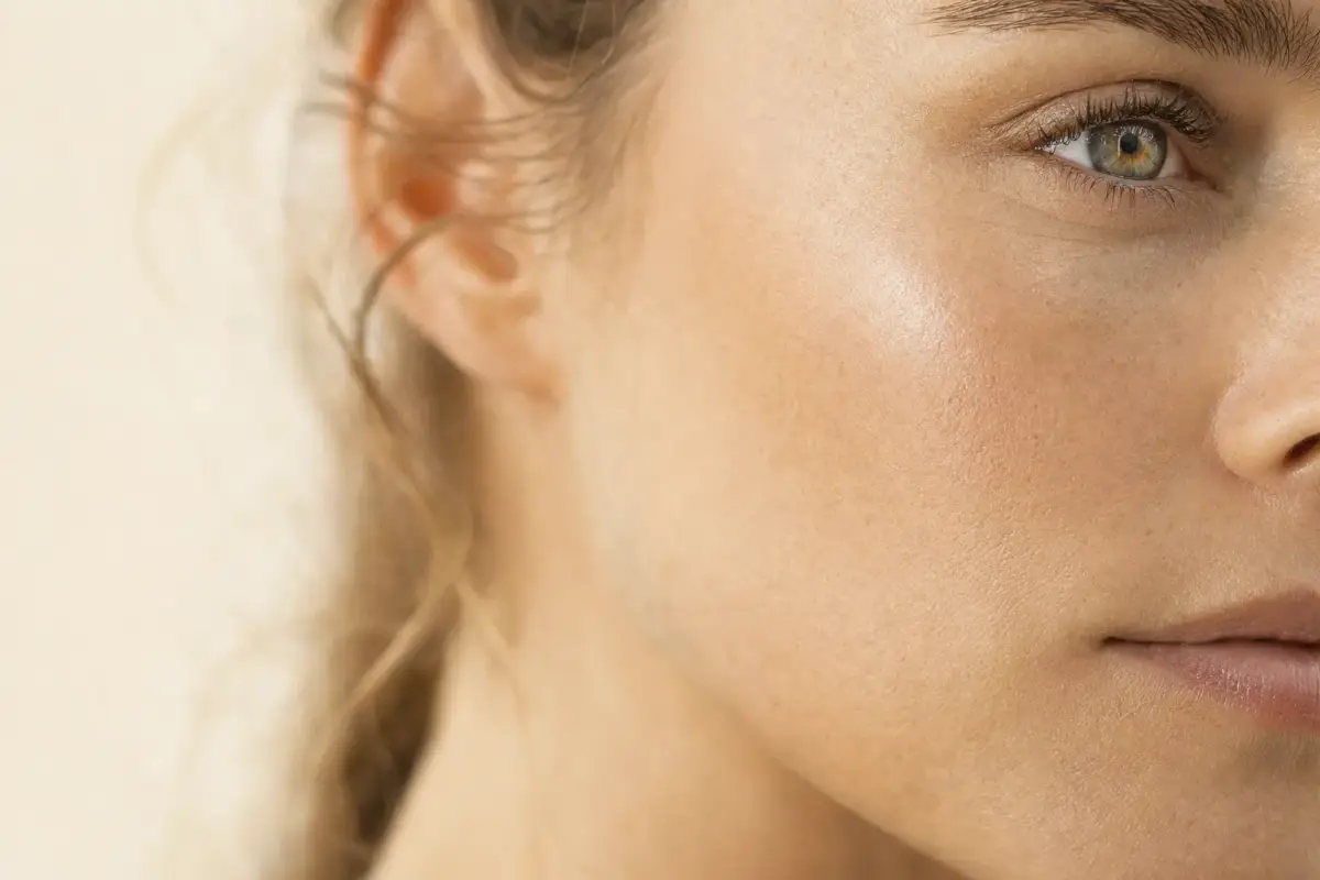 Macro of refined smooth skin on the cheek of a woman in her thirties