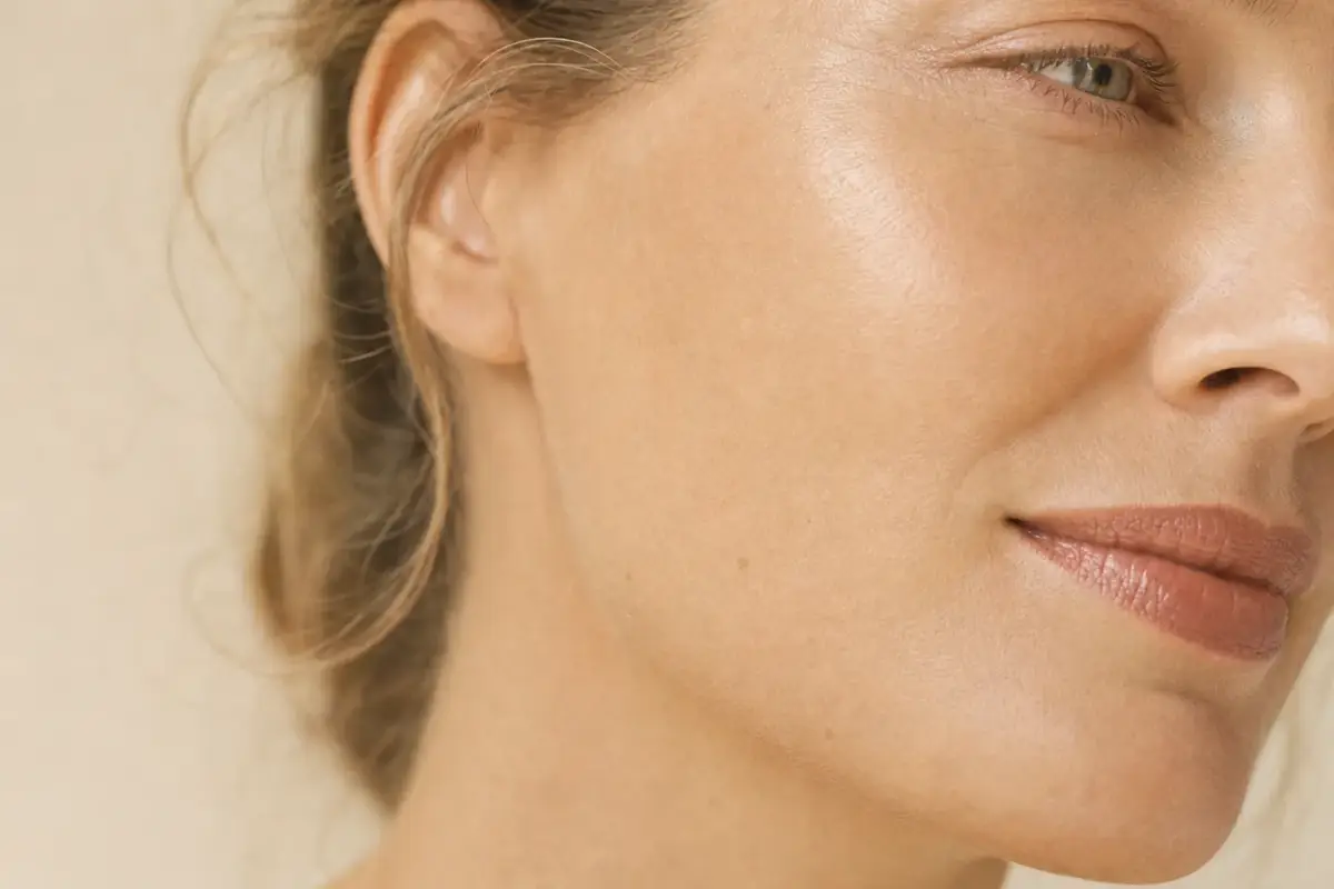 Close-up of the cheek and jaw of a woman in her late thirties
