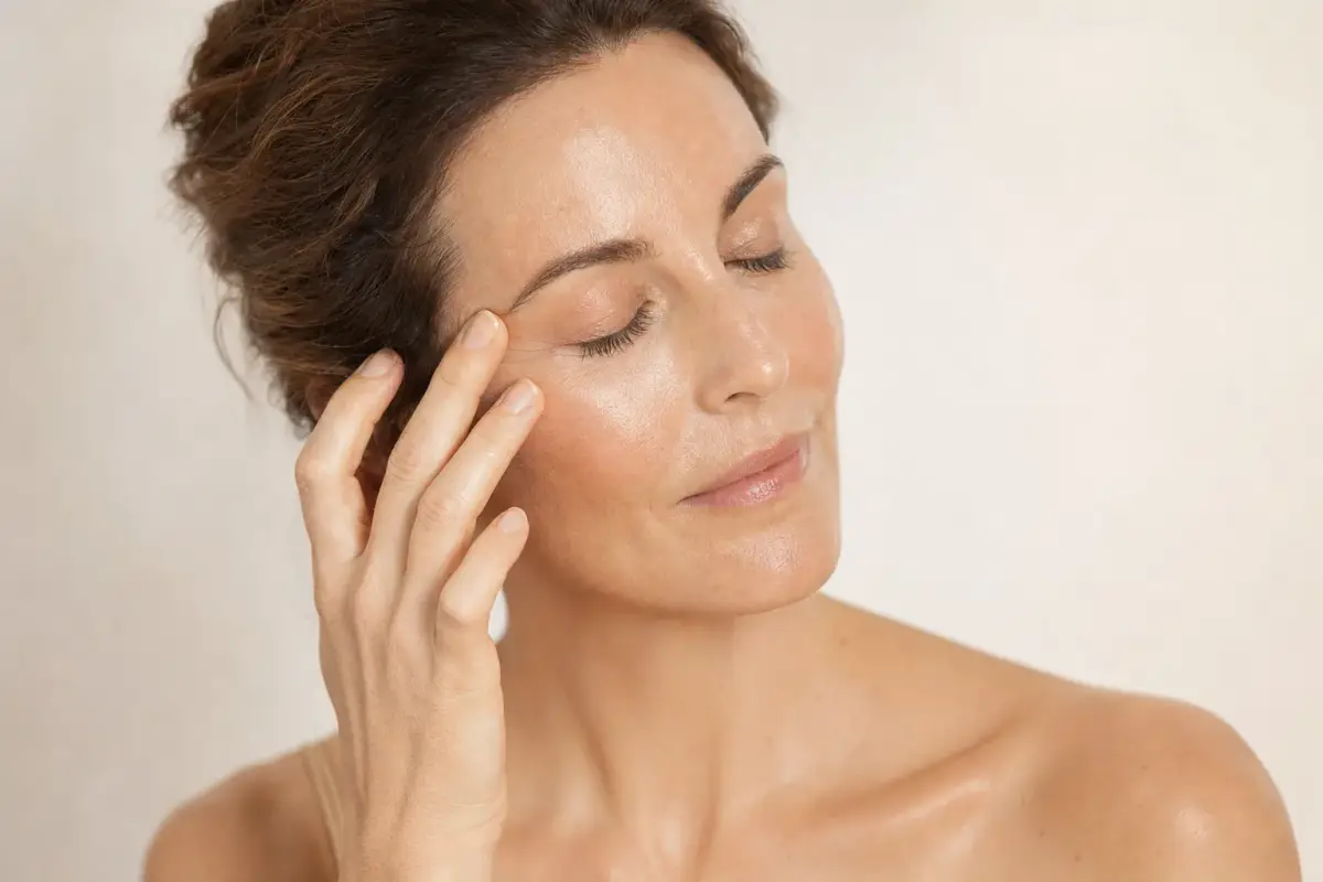 Woman in her forties with dewy hydrated skin touching her temple lightly