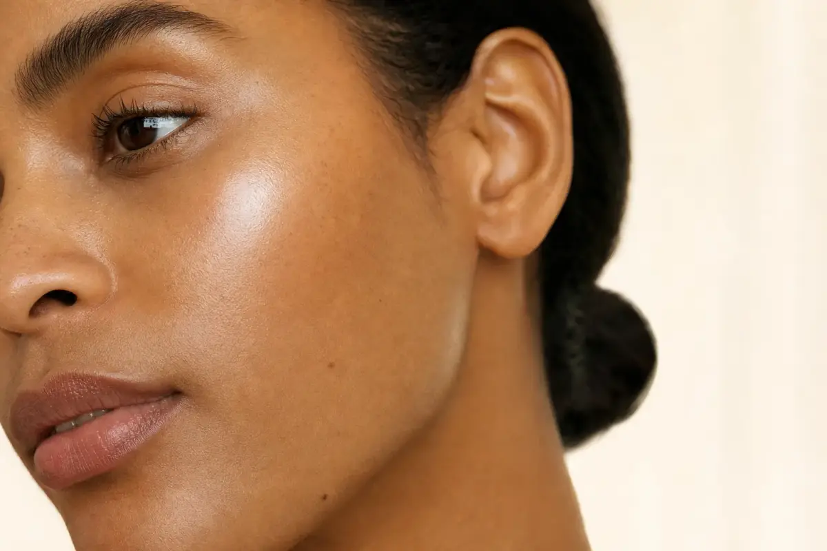Close-up of glowing cheek of a woman in her thirties with warm brown skin