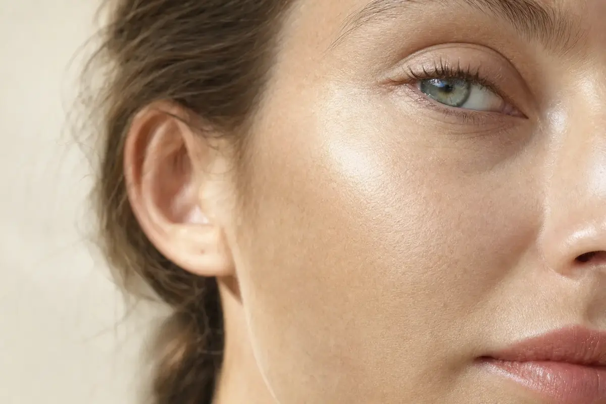 Macro close-up of healthy luminous skin on the cheekbone of a woman in her thirties