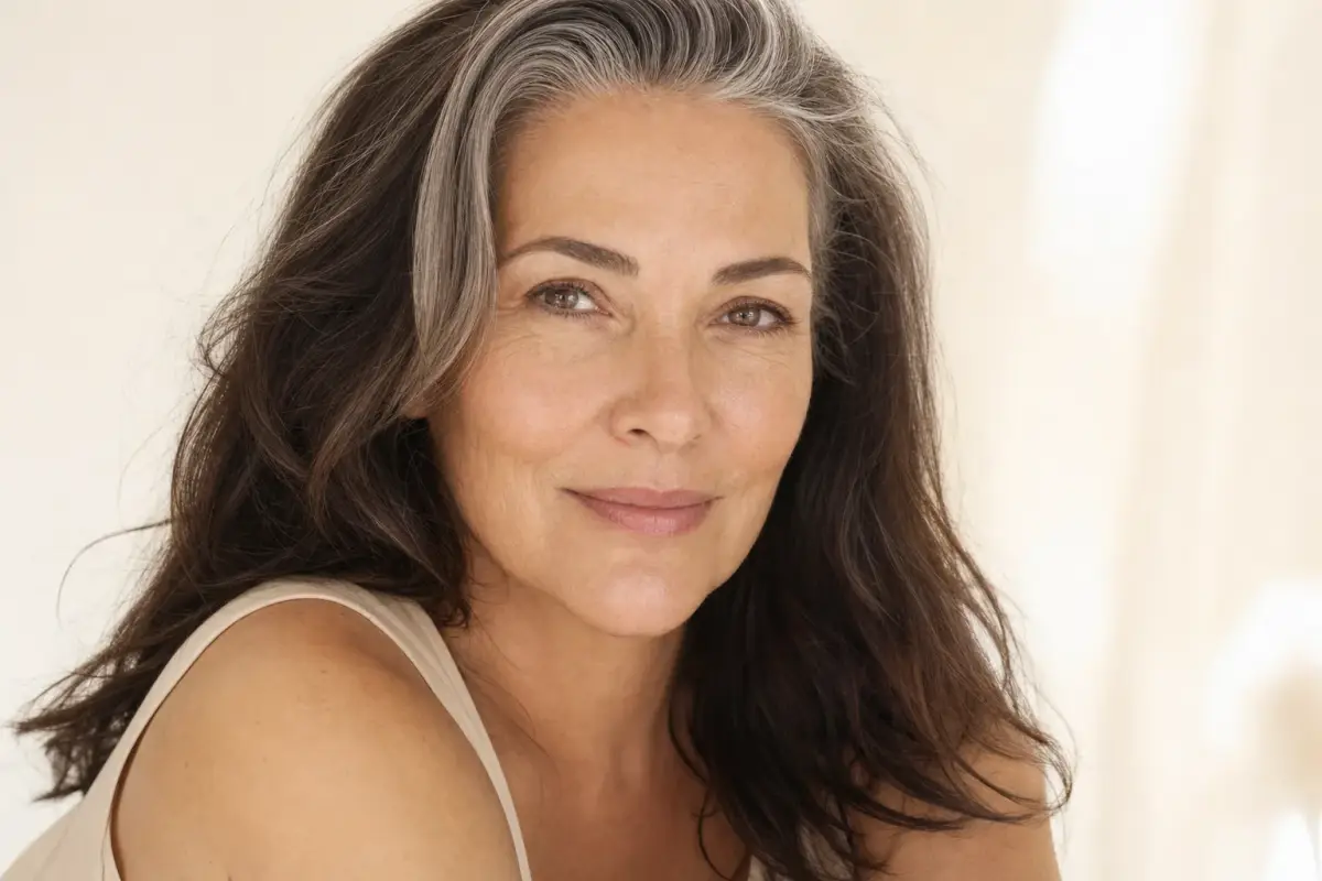 Woman in her fifties with radiant firm skin and silver streaked hair