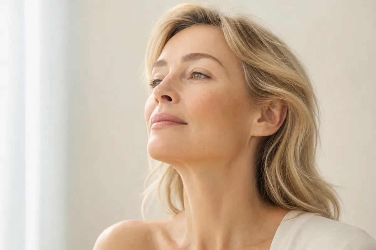 Woman in her late forties with chin lifted gracefully