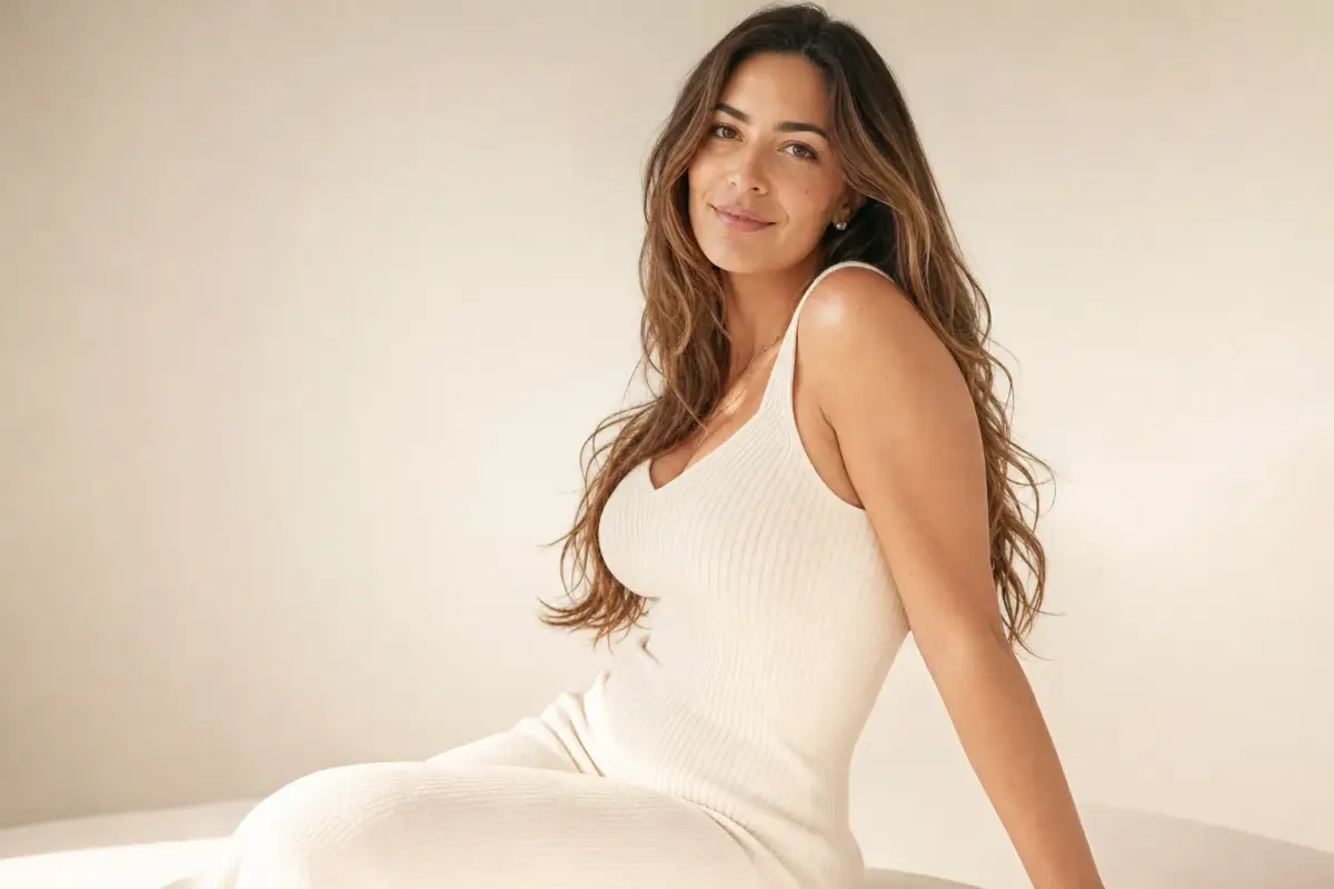 Woman in a fitted white ribbed knit dress