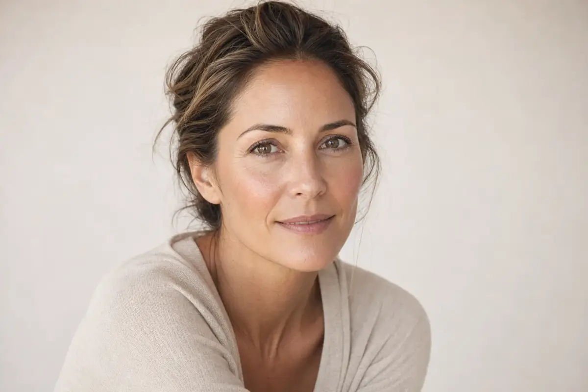Woman in her forties with a relaxed brow and natural smile
