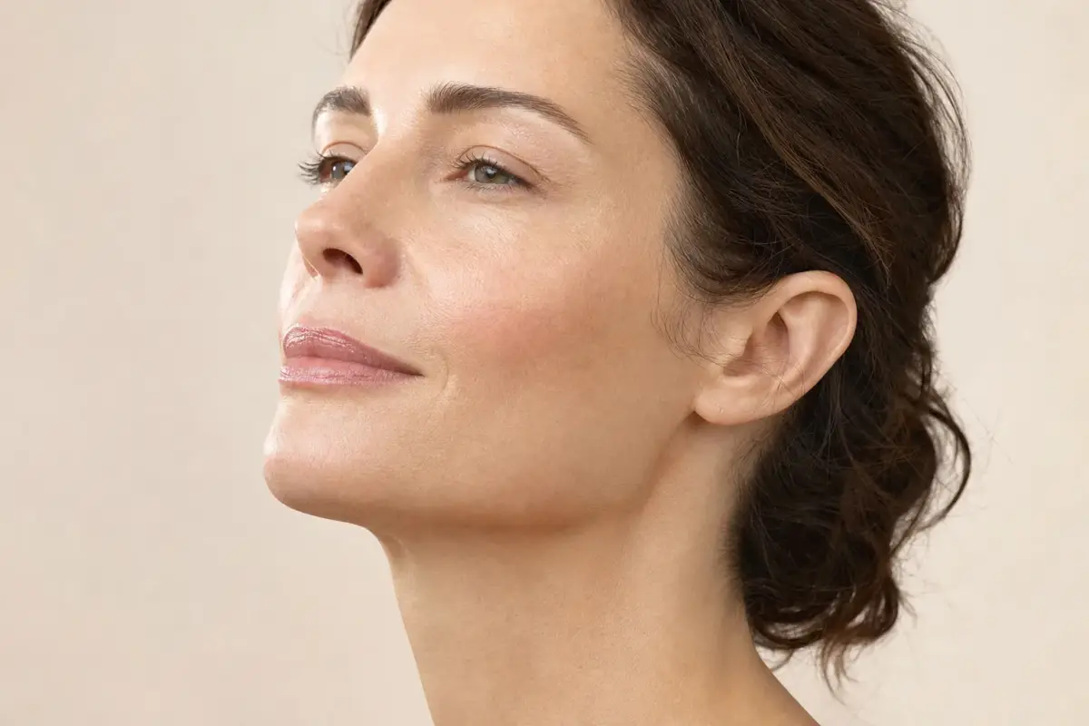 Woman in her forties with firm smooth skin on her jaw and neck