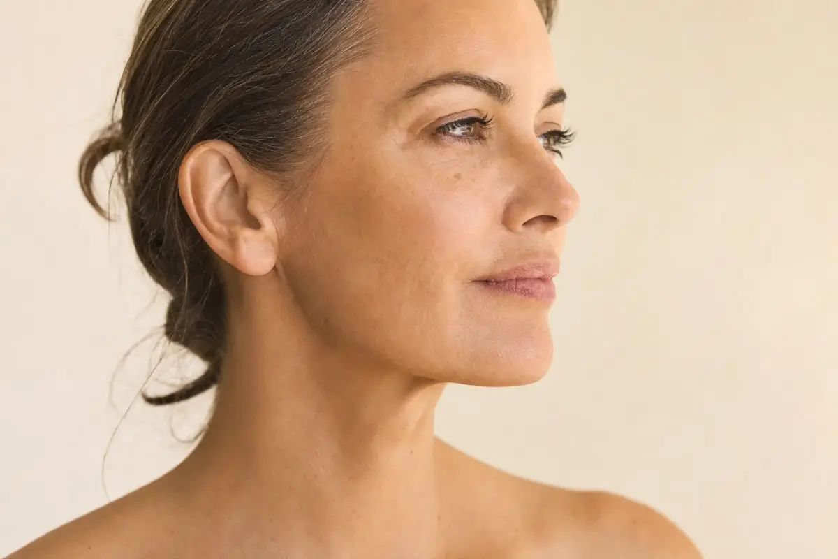Woman in her forties in profile with a lifted cheek and smooth jaw