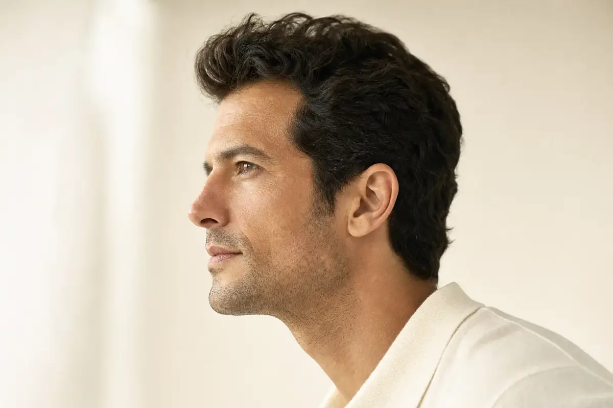 Man in his late thirties with a slim refined jawline