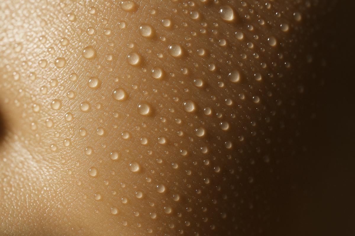 Extreme macro of smooth hydrated cheek skin with fine natural texture and light catching water droplets in warm champagne light